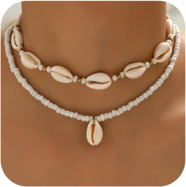 Nackiy Handmade Sea Shell Necklace for Women Summer Adjustable Natural Shell Collar Necklace (Beige Braided Rope) - Image 2