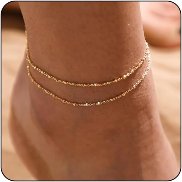 MIDEEO Gold/Silver Ankle Bracelets for Women,14K Gold Anklets for Women Waterproof Cuban Link Heart Beads Herringbone Rhinestone Anklets Set Layered Anklet Bracelets for Women Gold Jewelry Gift - Image 2
