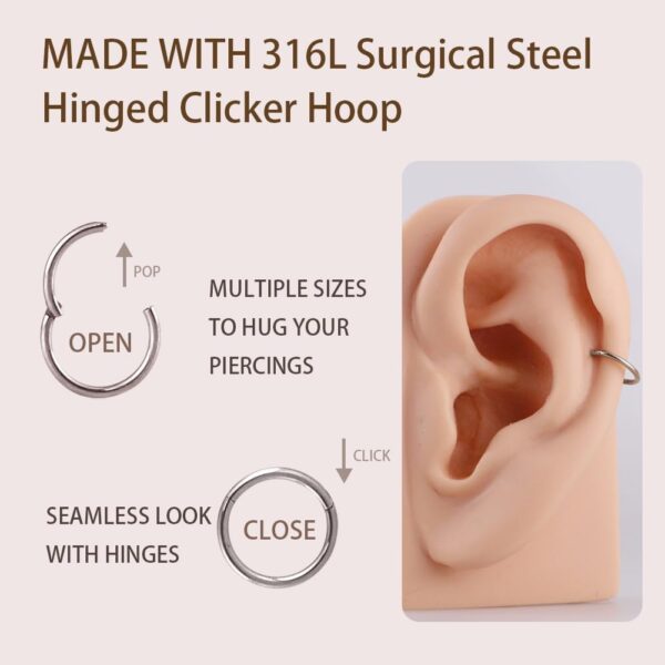 FANSING Men Women 316L Surgical Steel Hinged Nose Rings Hoop for Nostril Septum Cartilage Helix Daith Tragus Rook Conch Lip Ear Lobe Piercings - Image 5