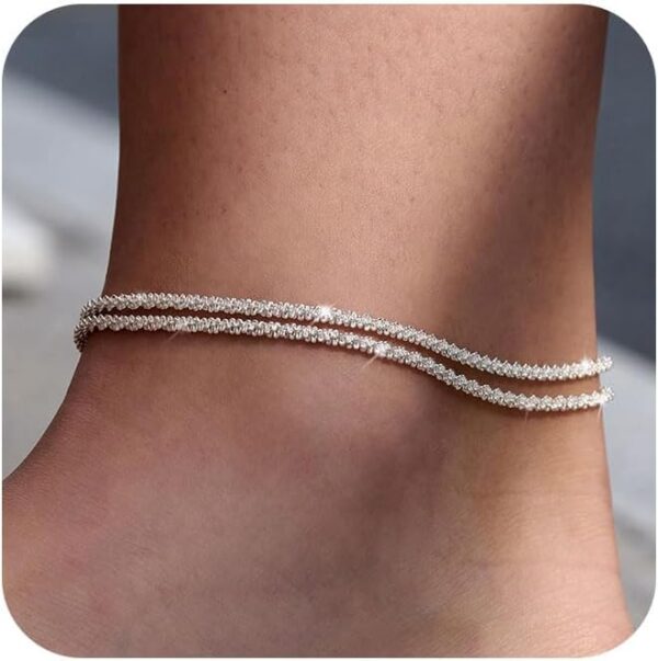 Sterling Silver Ankle Bracelets for Women: Dainty Layered Waterproof Anklet for Women Adjustable Womens Anklet Set Stackable Figaro Beaded Cuban Link Anklets Beach Jewelry for Women - Image 2