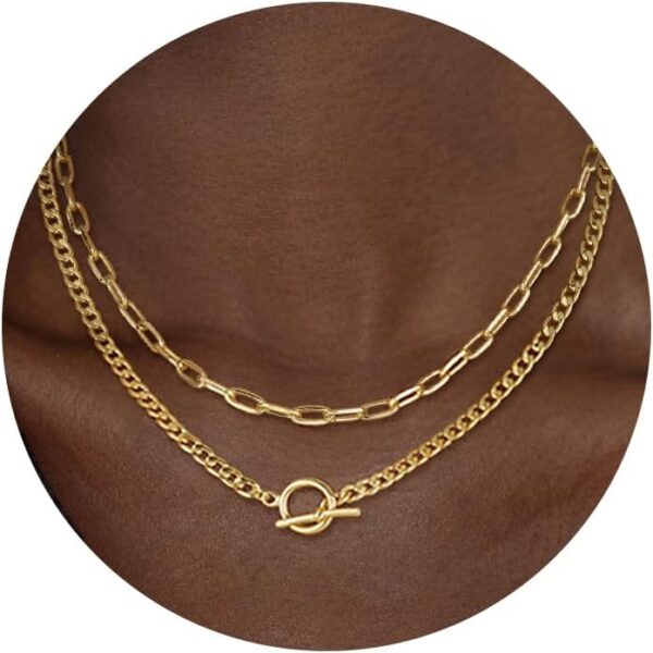CHESKY Gold Layered Necklaces for Women, 14K Dainty Gold Chain Necklace Women Trendy Cuban Link Paperclip Chain Toggle Clasp Necklace Fashion Chunky Jewelry for Women - Image 2