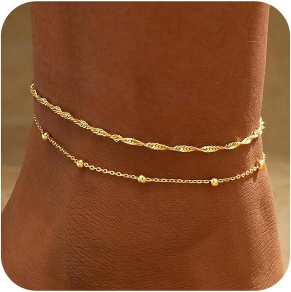 2/3 PCS Gold Anklets for Women Waterproof Cuban Link Anklet Beaded Bracelets Stackable Bracelets 14K Gold Plated Custom Jewelry Gifts Non Tarnish Lightweight - Image 2