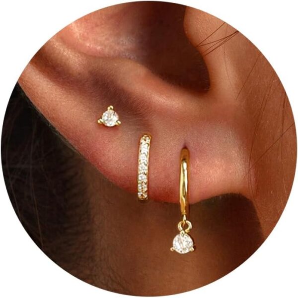 3 Pairs Gold Hoop Earrings Set: Dainty Stud Earrings Trendy Small 14K Gold Plated Hypoallergenic Dangle Cartilage Huggie Hoop Earrings for Women Gold Jewelry for Women Gifts - Image 2