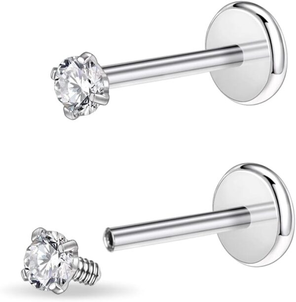 PunkTracker 16g/18g Surgical Steel Internal Thread CZ Stud Piercing Jewelry for Tragus/Nose/Helix/Conch/Medusa/Lip/Labret - Helix Tragus Cartilage Earring for Women Men 2PCS - Image 2