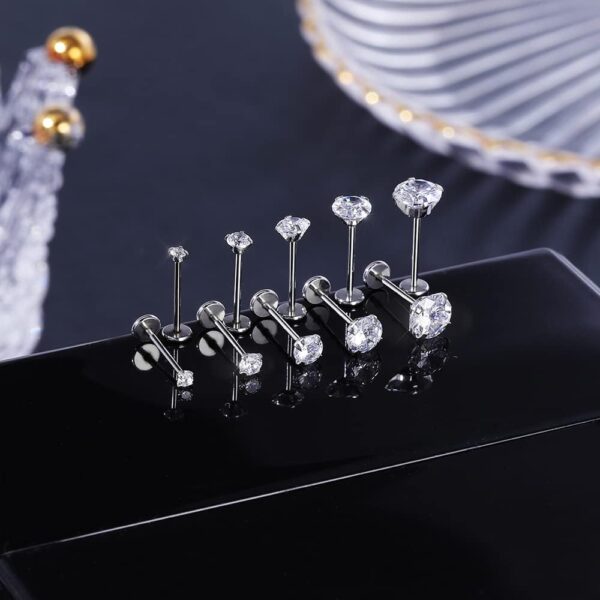 PunkTracker 16g/18g Surgical Steel Internal Thread CZ Stud Piercing Jewelry for Tragus/Nose/Helix/Conch/Medusa/Lip/Labret - Helix Tragus Cartilage Earring for Women Men 2PCS - Image 7