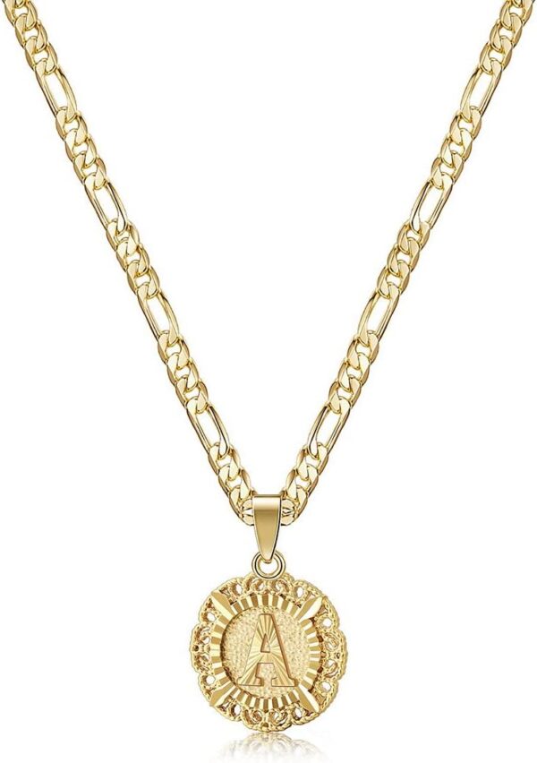 KissYan Initial Necklaces for Women, 14K Gold Plated Round Letter Pendant Capital Monogram Necklace Alphabets from A-Z Figaro Chain Jewelry - Image 2