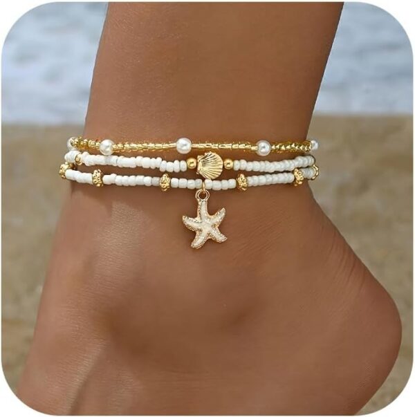 Bead Ankle Bracelets Set For Women, Adjustable Gold Boho Shell Anklet, Hawaiian Beach Seashell Pearl Disc Starfish Conch Foot Jewelry, Summer Fashion Gifts - Image 2
