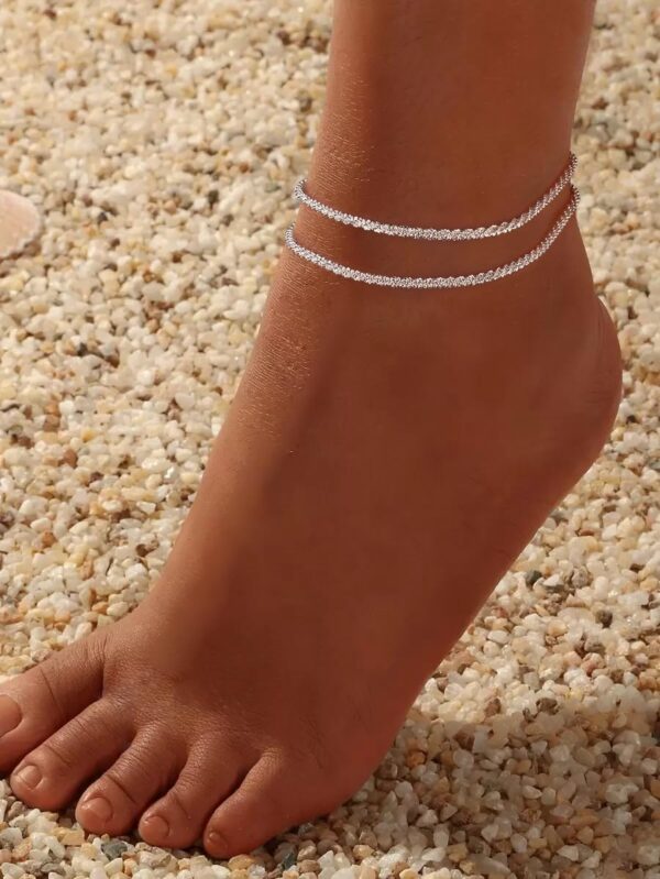 Tewiky Sterling Silver Ankle Bracelets for Women,Dainty Layered Waterproof Anklet for Women Adjustable Sparkly Herringbone Beaded Rope Chain Set Stackable Cute Summer Beach Jewelry Gift - Image 5
