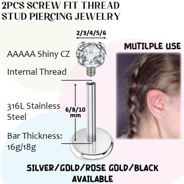 PunkTracker 16g/18g Surgical Steel Internal Thread CZ Stud Piercing Jewelry for Tragus/Nose/Helix/Conch/Medusa/Lip/Labret - Helix Tragus Cartilage Earring for Women Men 2PCS - Image 3