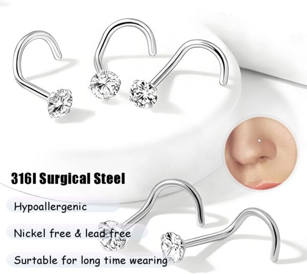 Nose Rings Studs: 8Pcs 20G Gold/Silver 316L Surgical Stainless Steel Nose Studs Hypoallergenic Corkscrew Nose Piercing Stud Jewelry for Women Men Clear Cubic Zirconia Imitation Diamond Top Size 1.5mm 2mm 2.5mm 3mm - Image 3