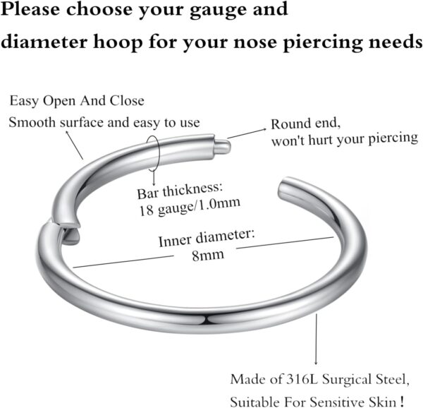 Hypoallergenic Nose Rings 20G 18G 16G 14G 12G 10G 8G 316l Surgical Steel Septum Jewelry Hinged Segment Ring Body Piercing Nose Hoop Lip Rings Nose Helix Cartilage Rook Earrings - Image 3