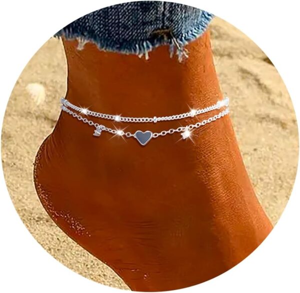 Sterling Silver Anklet Bracelets for Women Waterproof, 925 Sliver Plated CZ & Heart Charm Dainty Layer Anklets for Women Trendy, Simple Chain Anklets Set Gifts for Women, Jewelry Gifts for Her Women Mom Wife Girlfriend - Image 2