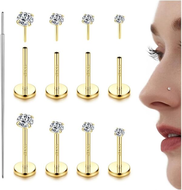 LOLIAS 14K Gold Filled Threadless Nose Studs CZ Nose Rings for Women Men 316L Surgical Steel Labret Studs Lip Rings Push in Flat Back Stud Earrings CZ Nose Nostril Tragus Helix Piercing Jewelry Hypoallergenic 20G 18G 16G - Image 2