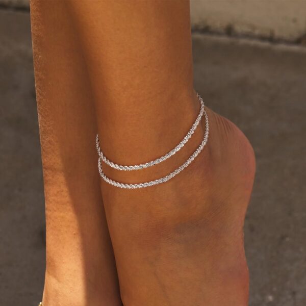 Tewiky Sterling Silver Ankle Bracelets for Women,Dainty Layered Waterproof Anklet for Women Adjustable Sparkly Herringbone Beaded Rope Chain Set Stackable Cute Summer Beach Jewelry Gift - Image 4