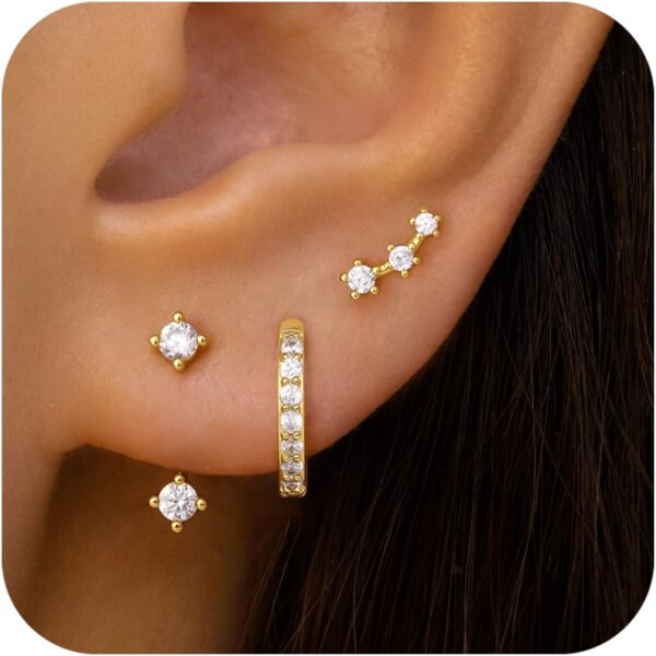 Gold Stud Earrings Set for Women, 3 Pairs Huggie Hoop Jacket Studs Earring Stacks, Hypoallergenic 925 Sterling Silver Post Dainty Birthstone Trendy Women Fashion Accessories Jewelry Gifts - Image 2
