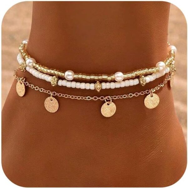 Shell Ankle Bracelet Set for Women, Gold Boho Bead Adjustable Anklet, Hawaiian Beach Seashell Pearl Heart Starfish Conch Foot Jewelry Gifts - Image 2
