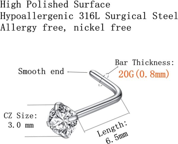 316L Surgical Steel 22g/20g/18g Nose Rings Studs L-Shape Nose Nostrial Piercing Body Jewerly L Shaped Nose Studs 1.5mm 2mm 2.5mm 3mm CZ Nose Screw Studs Rings for Women - Image 3
