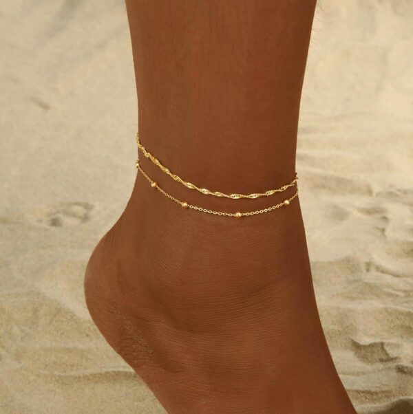 2/3 PCS Gold Anklets for Women Waterproof Cuban Link Anklet Beaded Bracelets Stackable Bracelets 14K Gold Plated Custom Jewelry Gifts Non Tarnish Lightweight - Image 4