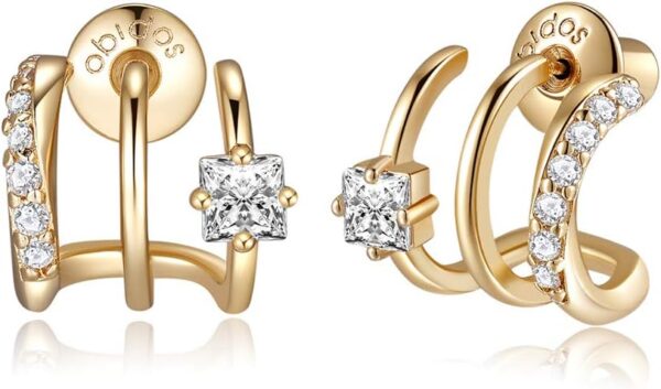 Obidos 14K Gold Plated Triple Huggie Illusion Stud Earrings | Double Huggie Hoop Earrings for One Hole | Gold Hoop Earrings for Women | Drop earrings - Image 2