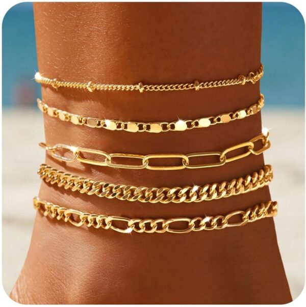 Ankle Bracelets for Women, 14k Gold Jewelry Set Waterproof Layered Cuban Figaro Link Chain Anklets Set Gold Anklets Summer Boho Beach Jewelry Gift Adjustable Size - Image 2
