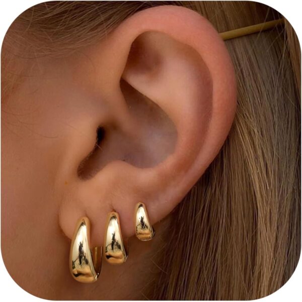 BESTEEL 3Pairs Gold Hoop Earrings Set for Women Chunky Gold Silver Earring 14K Gold Filled Hypoallergenic Small Huggie Hoops Lightweight Tiny Thick Trendy Hoop Earrings Stacks for Multiple Piercing - Image 2