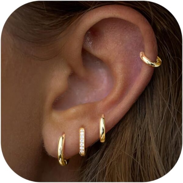 Small Gold Huggie Hoop Earrings Set for Women Men Hypoallergenic 14K Gold Plated Stack Cartilage Earrings, Multiple Piercing Lightweight Mini Thin Cute Dainty Trendy Jewelry Set Gifts for Women - Image 2