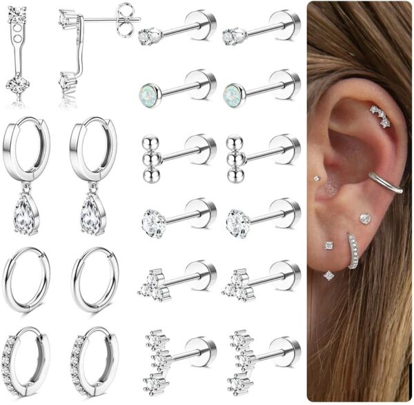 MILACOLATO Hypoallergenic Flat Back Earrings Gold Cartilage Earring Sets for Multiple Piercing 20G Surgical Stainless Steel Earrings for Women Trendy Earring Stacks Small Hoop Flatback Stud Earrings - Image 2