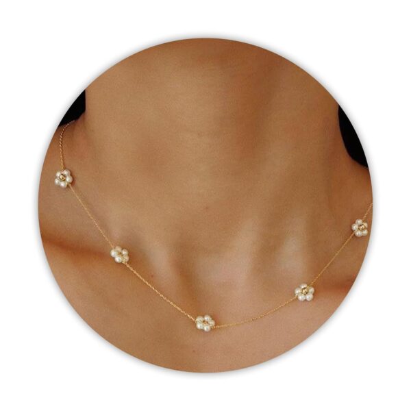 SmileBelle Daisy Pearl Necklace, Dainty Pearl Choker Necklace for Women as Flower Necklace Gift, 14K Gold Plated Stainless Steel Summer Merch as Birthday Gifts for Her Daisy Costume Gift - Image 2