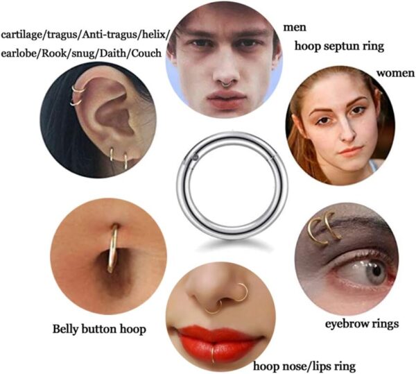 4Pairs/Pcs 18G Surgical Steel Hinged Clicker Segment Nose Rings Hoop Helix Cartilage Daith Tragus Sleeper Earrings Body Piercing for Women Men 6mm 8mm 10mm 12mm - Image 3