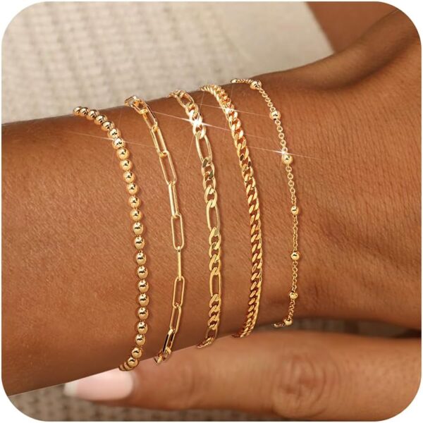 adoyi Gold Bracelets for Women, 14K Gold Plated Stackable Bracelet Stack Set Adjustable Charm Paperclip Chain Cuban Link Layered Waterproof Jewelry Sets Gifts for Womens 6.0/6.8/7.2" - Image 2