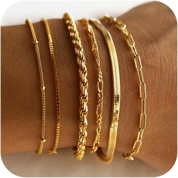 DEARMAY Gold Bracelets for Women Waterproof, 14K Real Gold Jewelry Sets Trendy Thin Dainty Stackable Cuban Link Paperclip Chain Bracelet Pack Fashion Accessories Gifts for Womens - Image 2
