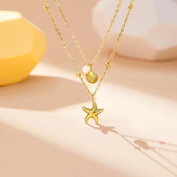 Shell Necklace for Women,14k Gold Plated Layered Starfish Conch SeaShell Pearl Pendant Charm Necklace,Non Tarnish Adjustable Stainless Steel Chain Stack Jewerly for Summer Beach Vacation - Image 4