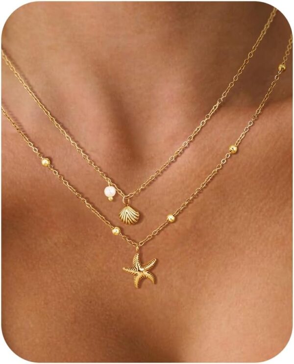 Shell Necklace for Women,14k Gold Plated Layered Starfish Conch SeaShell Pearl Pendant Charm Necklace,Non Tarnish Adjustable Stainless Steel Chain Stack Jewerly for Summer Beach Vacation - Image 2