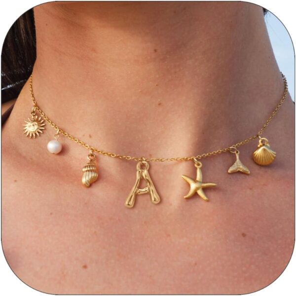 Initial Charm Necklace For Women Shell Letter Necklaces Gold Charms Pendant Boho Summer Seashell Beach 14k Starfish Surfer Jewelry Gifts - Image 2