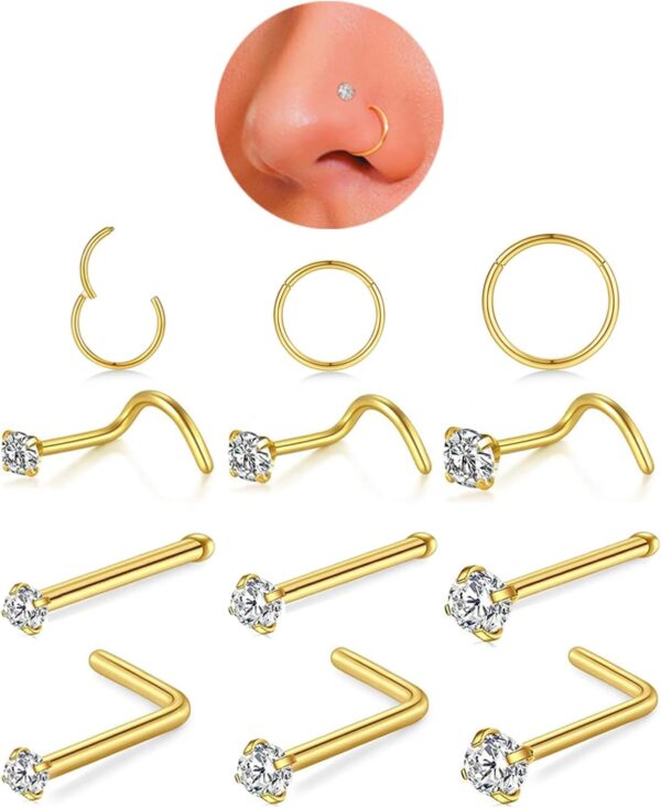 18g Nose Rings Hoop and 20g Nose Studs Sets for Women Men,Hypoallergenic 316L Surgical Stainless Steel Hinged Clicker Segment Nose Rings Hoop Helix Cartilage Daith Tragus Sleeper Earrings Silver Gold Black L Shape/Corkscrew/Straight Nose Studs Real Body Piercing Jewelry - Image 2