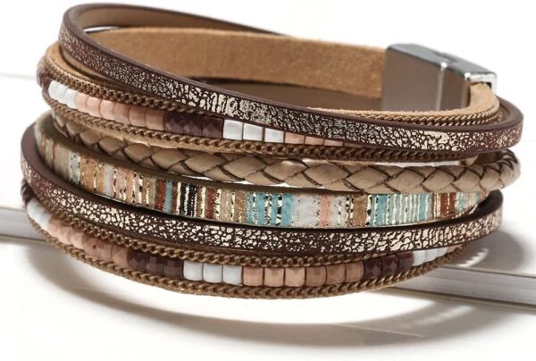 Fesciory Leather Wrap Bracelets for Women, Boho Leopard Multi-Layer Crystal Beads Cuff Bracelet Jewelry - Image 3