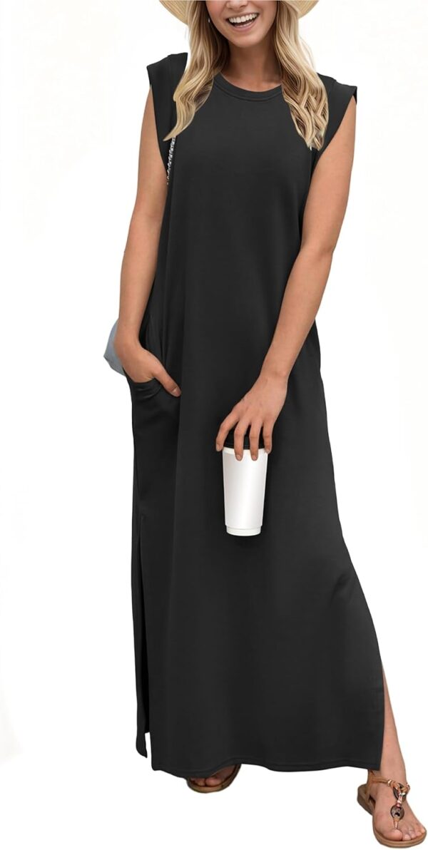 GRECERELLE 2025 Women Year-Round Casual Round Neck Loose Split Wrinkle-Free Long Maxi Vacation Dress with Pockets (XS-3XL) - Image 2