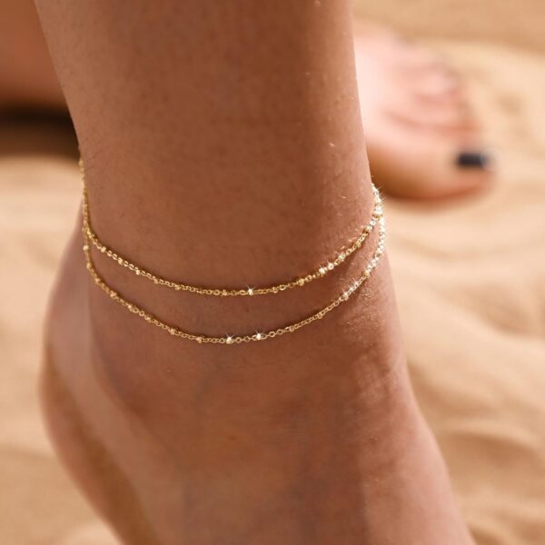 MIDEEO Gold/Silver Ankle Bracelets for Women,14K Gold Anklets for Women Waterproof Cuban Link Heart Beads Herringbone Rhinestone Anklets Set Layered Anklet Bracelets for Women Gold Jewelry Gift - Image 5