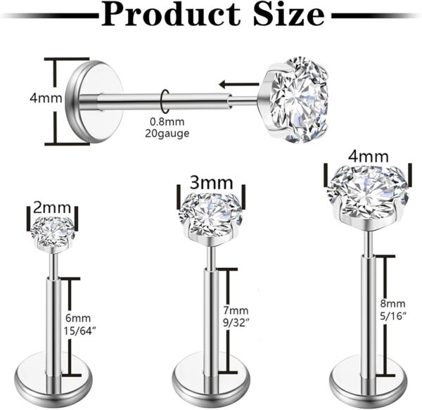 20G Flat Back Earrings Stud G23 Titanium Threadless Tragus Labret Cartilage Lip Medusa Conch Body Piercing Jewelry Hypoallergenic for Women Men - Image 3
