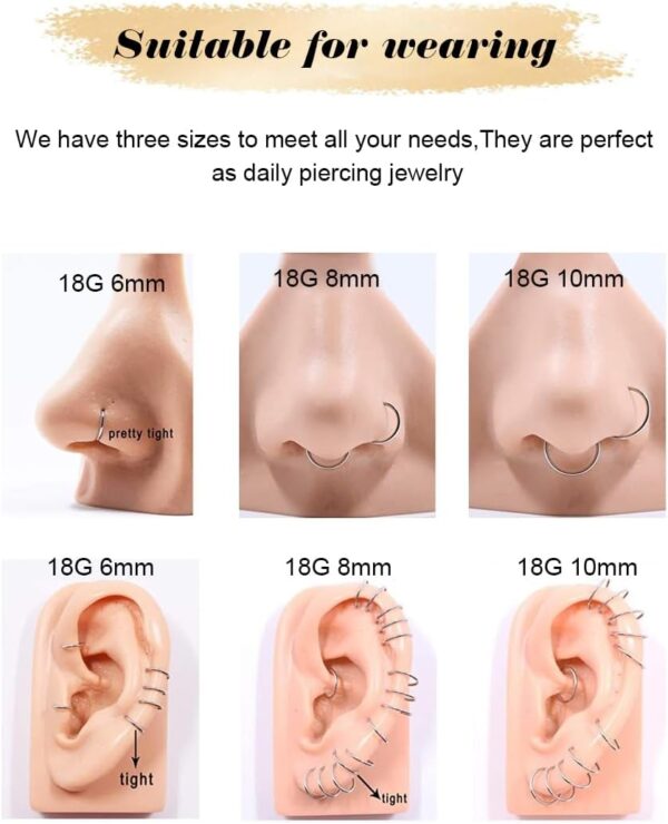 18g Nose Rings Hoop and 20g Nose Studs Sets for Women Men,Hypoallergenic 316L Surgical Stainless Steel Hinged Clicker Segment Nose Rings Hoop Helix Cartilage Daith Tragus Sleeper Earrings Silver Gold Black L Shape/Corkscrew/Straight Nose Studs Real Body Piercing Jewelry - Image 7