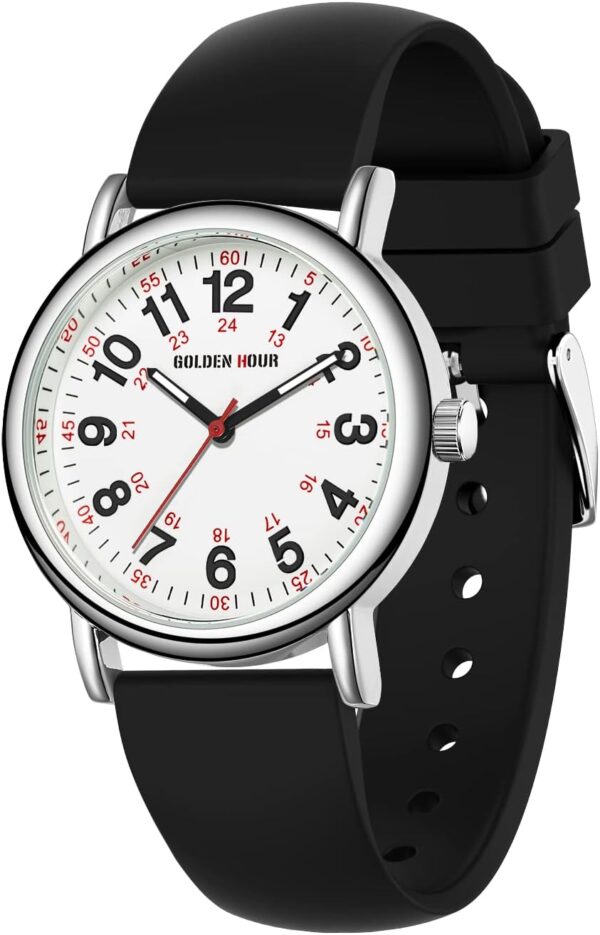 GOLDEN HOUR Waterproof Nurse Watch for Medical Professionals, Students Women Men - Military Time Luminouse Easy Read Dial, 24 Hour with Second Hand, Colorful Silicone Band - Image 2