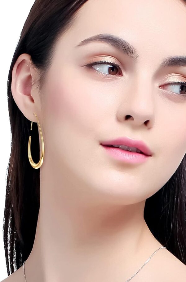 Lightweight Teardrop Hoop Earrings for Women - 14k Gold/White Gold Plated Large Oval Pull Through Hoop Earrings High Polished Statement Jewelry Gift for Women - Image 5
