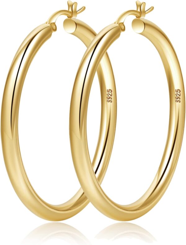 4mm Thick Gold Chunky Earrings Steling Silver Post Hoops Earrings For Women Hollow Tube Hoops Earrings Thick Gold Hoop Earrings Hypoallergenic Lightweight Gold Hoop Large Earrings 20/30/40/50/60MM - Image 2