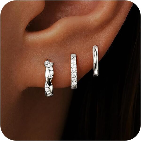 Gold Huggie Hoop Earrings Set for Women, Dainty Small Sterling Silver Earring for Multiple Piercing Stacks Hypoallergenic Jewelry, Trendy Twisted Birthstone CZ Cartilage Earings Gifts 3Pairs - Image 2