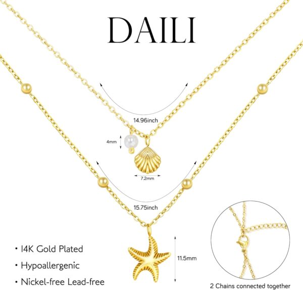 Shell Necklace for Women,14k Gold Plated Layered Starfish Conch SeaShell Pearl Pendant Charm Necklace,Non Tarnish Adjustable Stainless Steel Chain Stack Jewerly for Summer Beach Vacation - Image 3