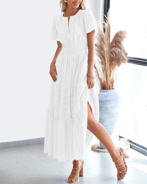 BTFBM Womens Summer 2025 Casual Midi Maxi Dresses Lightweight Short Sleeve V Neck Elastic Waist Boho Beach Dress Pockets - Image 9