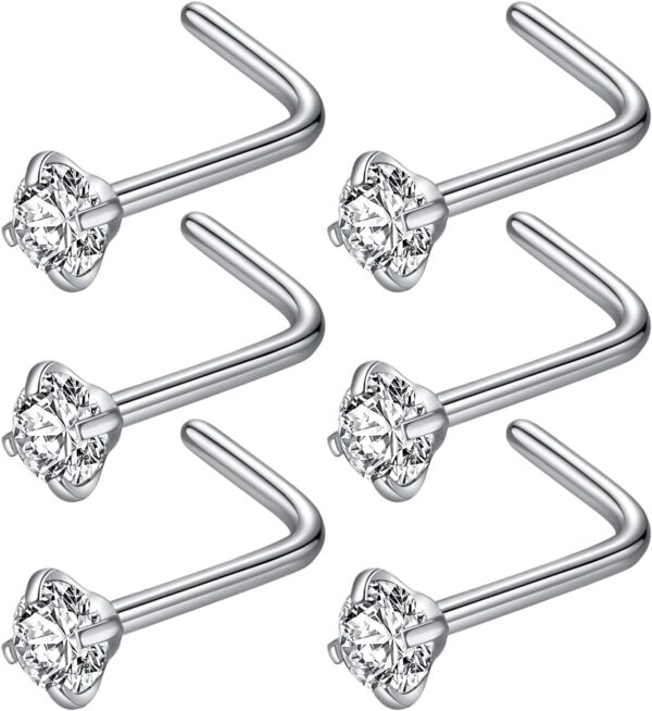 316L Surgical Steel 22g/20g/18g Nose Rings Studs L-Shape Nose Nostrial Piercing Body Jewerly L Shaped Nose Studs 1.5mm 2mm 2.5mm 3mm CZ Nose Screw Studs Rings for Women - Image 2
