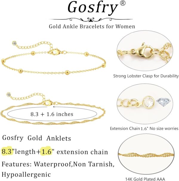 2/3 PCS Gold Anklets for Women Waterproof Cuban Link Anklet Beaded Bracelets Stackable Bracelets 14K Gold Plated Custom Jewelry Gifts Non Tarnish Lightweight - Image 5