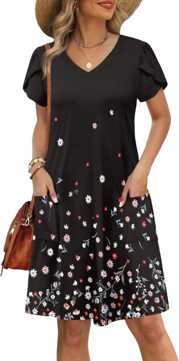 OFEEFAN Womens Summer Dresses 2025 Tulip Petal Short Sleeve V Neck Loose Swing Sundresses with Pockets Plain/Print - Image 2