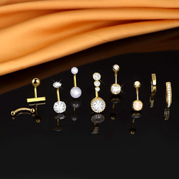 FIASASO 9 Pcs Gold Belly Button Ring - Surgical Stainless Steel CZ Opal Pearl Clicker Piercings for Women Navel Pack Silver/Gold - Image 4